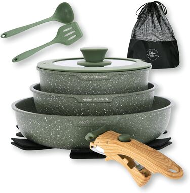Набір сковорідок і каструль Kitchen Academy з знімними ручками, 10 предметів, антипригарне покриття, з кришками, для індукційних та всіх плит
