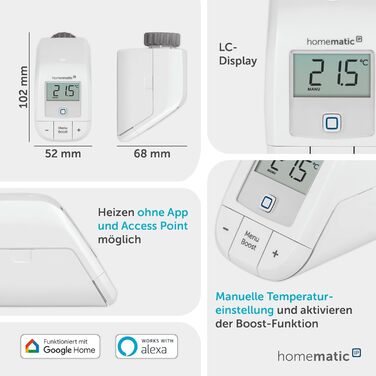 Homematic IP Термостат на радіатор Basic – Розумний дім, цифровий термостат для опалення, керування через додаток, сумісний з Alexa та Google Home, проста установка, економія енергії, 153412A3