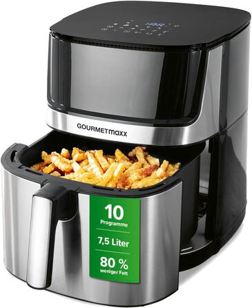 GOURMETmaxx 4в1 цифрова аерофритюрниця 2200 Вт, 7,5 л, нержавіюча сталь/чорна, 10 програм, енергозберігаюча, сенсорний дисплей, таймер