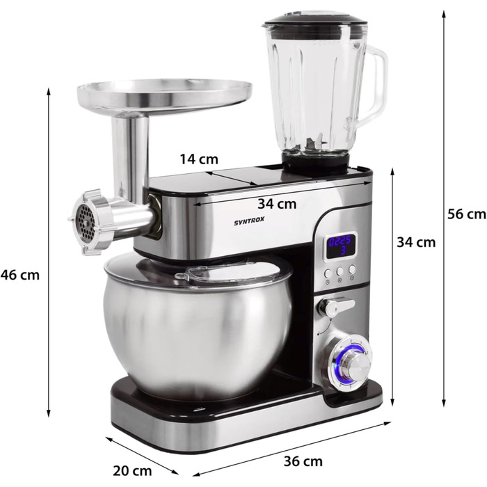 Кухонна машина Syntrox Germany Glumya 7 л, м'ясорубка, 1300 Вт, нержавіюча сталь, аксесуари для тіста й кремів, LED-дисплей, таймер, чорна
