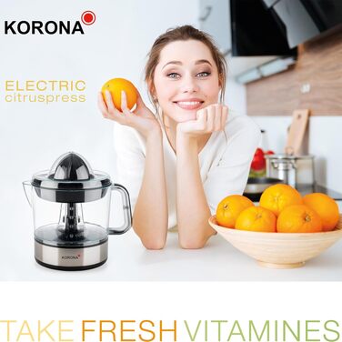Цитрусовижималка електрична Korona 27020, 0.7 л, 40 Вт, нержавіюча сталь/чорна, 2 конуси, захисний ковпак, двосторонній оберт