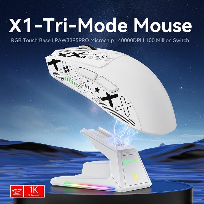 Ігрова миша Attack Shark X1 White: сенсор PixArt PAW3395PRO, 40000 DPI, вага 53г, RGB док-станція з тачпадом, бездротова (BT/2.4G) та дротова, для Windows, Xbox, PS, Mac