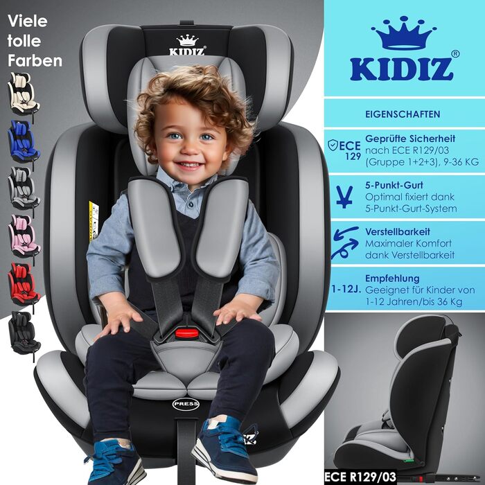 Дитяче автокрісло KIDIZ з Isofix, група 1/2/3, 9-36 кг, регульований підголівник, 5-точковий ремінь, сіре, для дітей 1-12 років