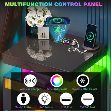Нічний столик Lvifur з LED-підсвічуванням, сенсором руху та USB/Type-C зарядкою, 2 шухляди, бездротова зарядка, 3 кольори, регулювання яскравості, чорний