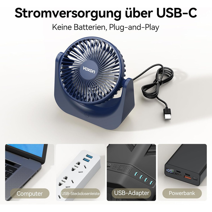 VOXON USB настільний вентилятор міні з 5 швидкостями, тихий USB вентилятор з кабелем 1.5м для офісу, дому, спальні (блакитний)