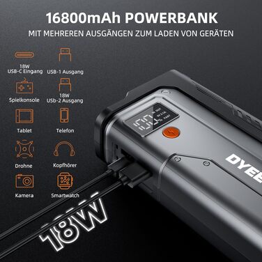 Бустер для автомобіля DYEETIC D16: пусковий зарядний пристрій Powerbank 6000A 12V для бензинових та дизельних двигунів (до 10.0Л), портативний Jump Starter з LED-ліхтарем та екраном