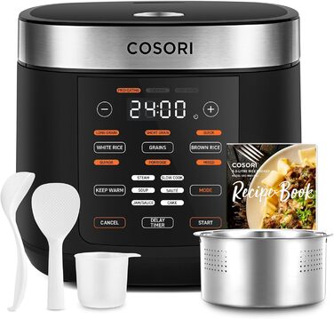Мультиварка-рисоварка COSORI 5 л з 17 програмами, Fuzzy Logic, пароварка з нержавіючою вставкою, книга рецептів, функція повільного приготування, преміальний внутрішній казан, підтримка тепла, таймер, чорна