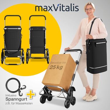 Сумка-візок maxVitalis для покупок, трьохколісний для сходів, з великим термовідділенням, складний, знімна сумка 43 л, чорний