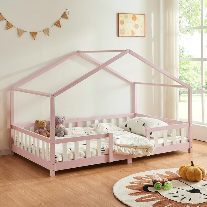 Дитяче ліжко Treviolo Hausbett від en.casa: дерев'яне ліжко Montessori з захистом від падіння, 120x200 см