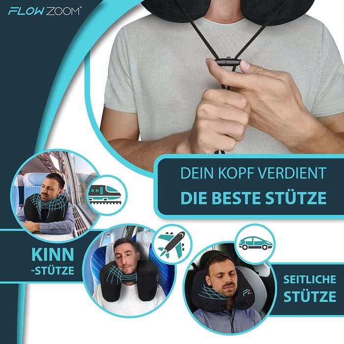 Надувна подушка для шиї FLOWZOOM AIR з капюшоном, чорна, розмір L – дорожня подушка для подорожей літаком, для дорослих, швидке надування