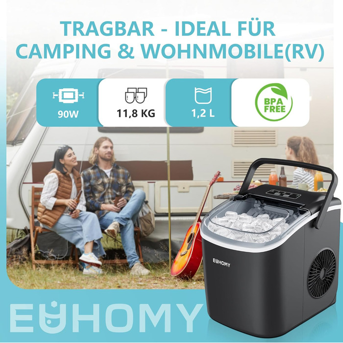 Машина для приготування льоду EUHOMY, 12 кг/24 год, чорна, самоочисна, 1.2 л
