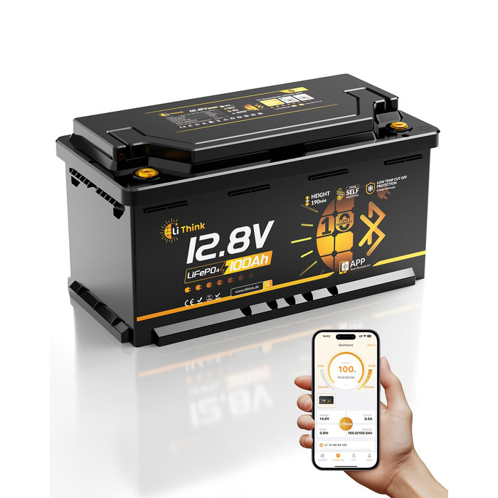 LiFePO4 акумулятор 12V 100Ah H190 з Bluetooth 5.4 для кемперів та житлових будинків на колесах, сертифікація ECE R10