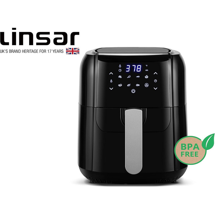 Linsar аерофритюрниця 5 л, з таймером, сенсорним екраном, функцією підігріву, регулюванням температури, енергоощадна, 1400 Вт, чорна, велика