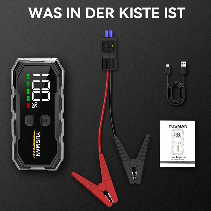 Powerbank для автомобіля Starthilfe: 6000A, 12V, бустер для акумулятора, LCD-дисплей, 4 режими LED-підсвічування. Підходить для бензинових (8L) та дизельних (6L) авто, SUV, мотоциклів, газонокосарок.
