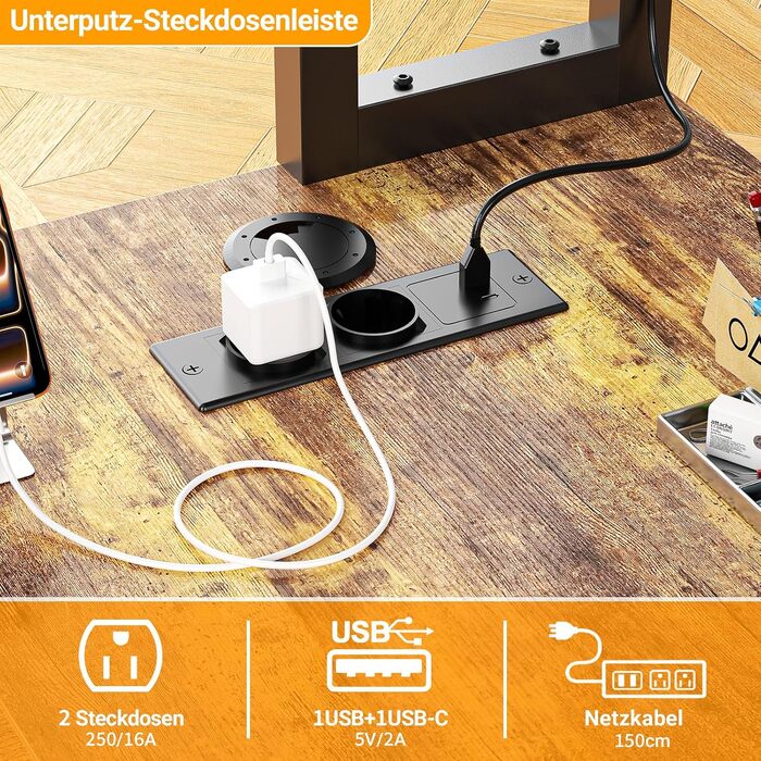 Кутовий L-подібний письмовий стіл Homieasy 150 см з LED-підсвіткою, шухлядою та розетками (USB, Type-C), підставкою для монітора та полицею A4, рустикальний коричневий, МДФ