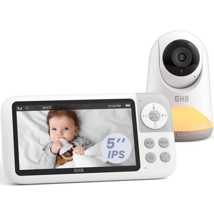 Відеоняня GHB з камерою 5'' HD IPS, 720P, 3050mAh, VOX, Zoom 3X, Нічне бачення, Зв'язок, 8 колискових, Підтримка 4 камер
