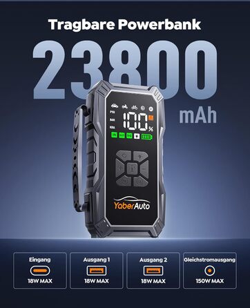 Портативний пусковий пристрій YaberAuto з компресором, 150 PSI, 6000A, 23800mAh, Jump Starter для бензинових та 10.0L дизельних двигунів з LCD-дисплеєм та світлодіодом 500 люмен