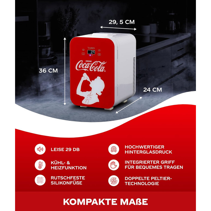Автомобільний міні-холодильник Coca-Cola °CUBES 9,3л з LCD-дисплеєм та скляними дверцятами, 12В/220В