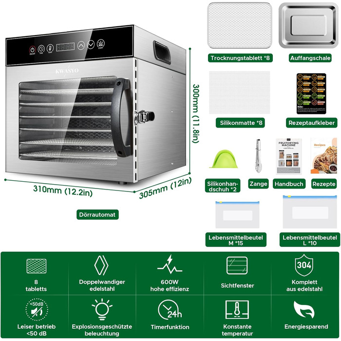 Сушарка для продуктів Kwasyo Edelstahl 750W з 8 рівнями, цифровим таймером, регулюванням температури та захистом від перегріву
