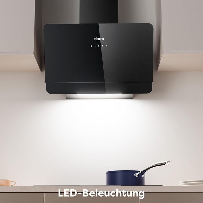 Похила витяжка для кухні CIARRA CBCS6765C 60 см, Edelstahl Glass, біла/чорна, 580 м³/год, з вугільним фільтром CBCF055, сенсорне керування, настінна