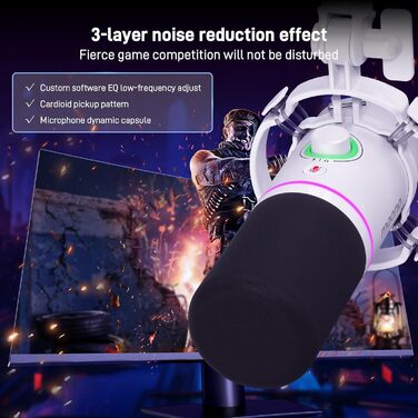 MAONO XLR/USB динамічний мікрофон для подкастів, RGB підсвітка, з програмним забезпеченням, кнопка вимкнення звуку, регулятор гучності, підвіс для стрімінгу, ігор, озвучення, запису, PD200XS, білий