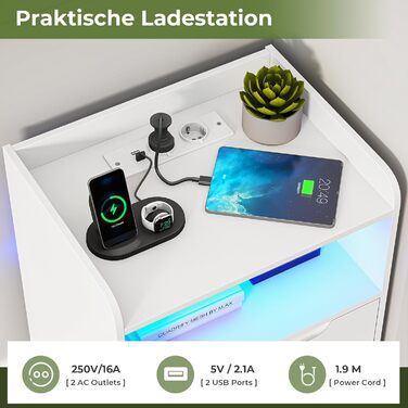 Тумба приліжкова Brinlawb з LED-підсвіткою та зарядкою, 2 шт, 2 шухляди, 1 відкрита полиця, білий колір, для спальні та вітальні, 35x40x58 см