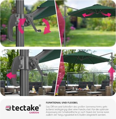 tectake® Парасолька-ампель для саду, зелена, 300 см, з чохлом, регульована висота, складна, з педаллю, ручкою, UV 50+, для тераси або балкону