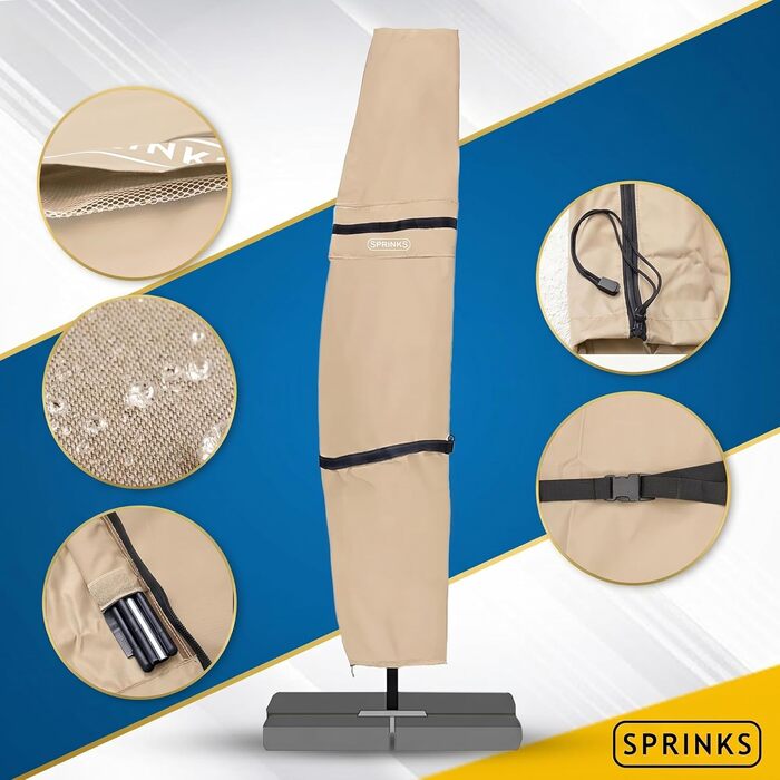 Чохол для парасольки SPRINKS® до 300 см, бежевий (260x40/70/50 см) - захист від УФ-променів та негоди, з допоміжним стрижнем