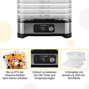 Сушарка для овочів і фруктів KLAMER 400 Вт, таймер 24 год, регулятор температури 35-70°C, 5 лотків, корпус з нержавіючої сталі, BPA безпечна