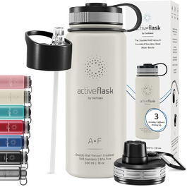 Термобутилка з нержавіючої сталі ACTIVE FLASK 530 мл з соломинкою, 3 кришки, BPA-free, герметична, підходить для газованої води, кремово-біла, для води, спорту, велосипеда, чаю, для дітей