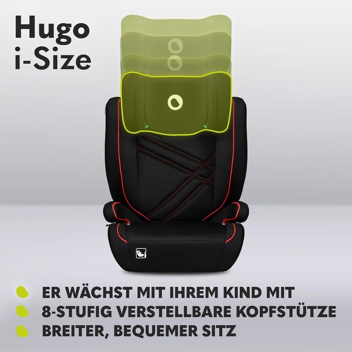 Автокрісло Lionelo Hugo R129 (100–150 см) – ISOFIX, 8 положень підголівника, Memory Foam, бічний захист, комфортні підлокітники (Чорно-червоний, I-SIZE)