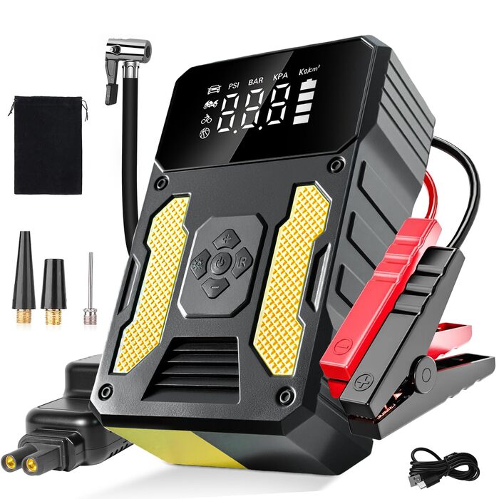 Пусковий інвертор (бустер) для авто з компресором 6000А, портативний Jump Starter Powerbank з LED-ліхтарем та дисплеєм, жовтий
