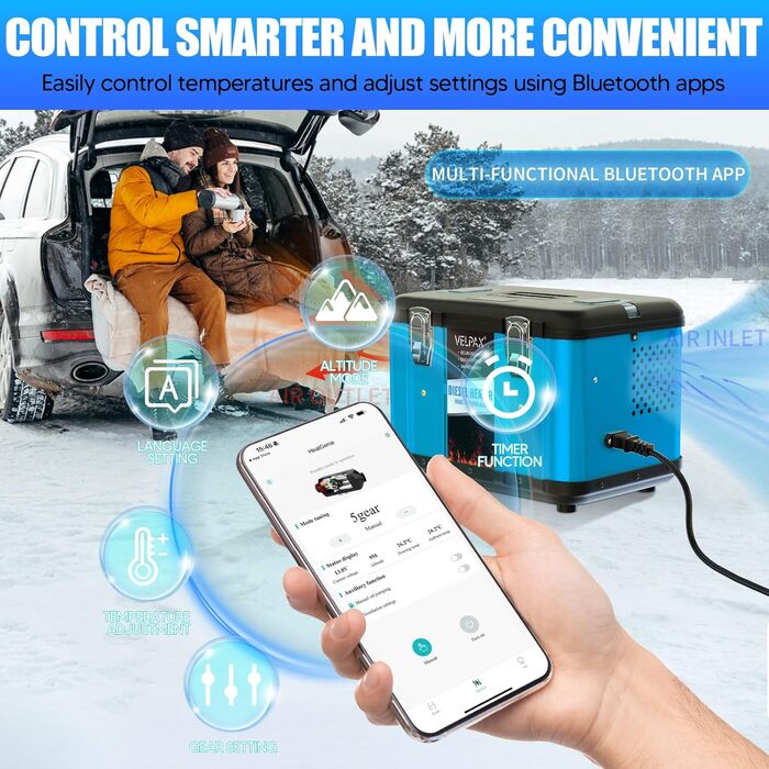 Автономний дизельний обігрівач VELPAX All in One 8кВт, 12V/24V/220V з Bluetooth, LCD-дисплеєм та пультом керування для кемпера, автобудинку та причепа