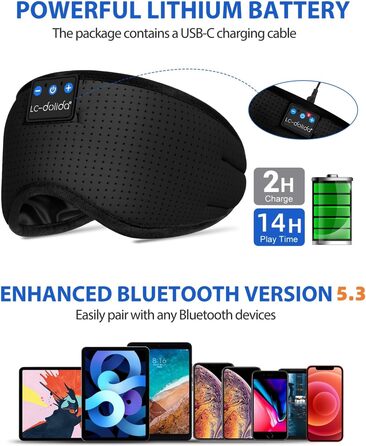 LC-dolida маска для сну з Bluetooth-навушниками, маска для сну для жінок і чоловіків, бавовняна очна маска, що переться, з мікрофоном для подорожей, сну, йоги, медитації