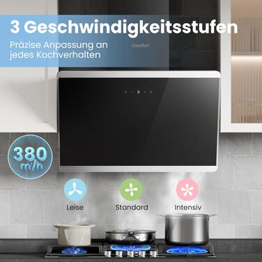 Витяжка для кухні COMFEE' CH60J64ET4A2B 60 см, Edelstahl/Glass, 380 м³/год, сенсорне керування, LED-підсвітка, режим рециркуляції та відведення, чорна