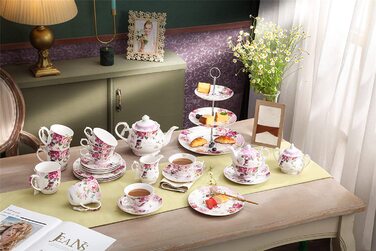 Порцеляновий чайний сервіз London Boutique, 4 предмети: чашки та блюдця з пташками, квітами та метеликами, подарункова коробка