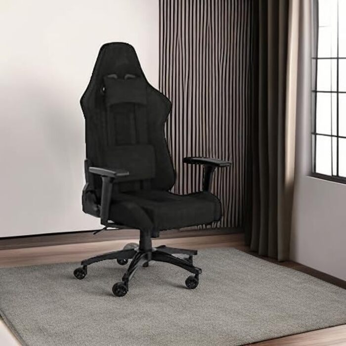 Ігрове крісло Corsair TC100 Relaxed, текстильне, чорне, ергономічне, з подушкою для попереку та знімною подушкою для шиї з memory-піни, регульовані підлокітники, стиль автоспорту