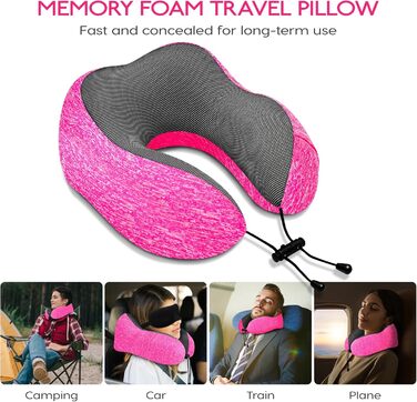 Подушка для подорожей під шию з ефектом пам'яті (Memory Foam) з 3D-маскою для сну та берушами, рожева — ідеальна для літака, авто та офісу