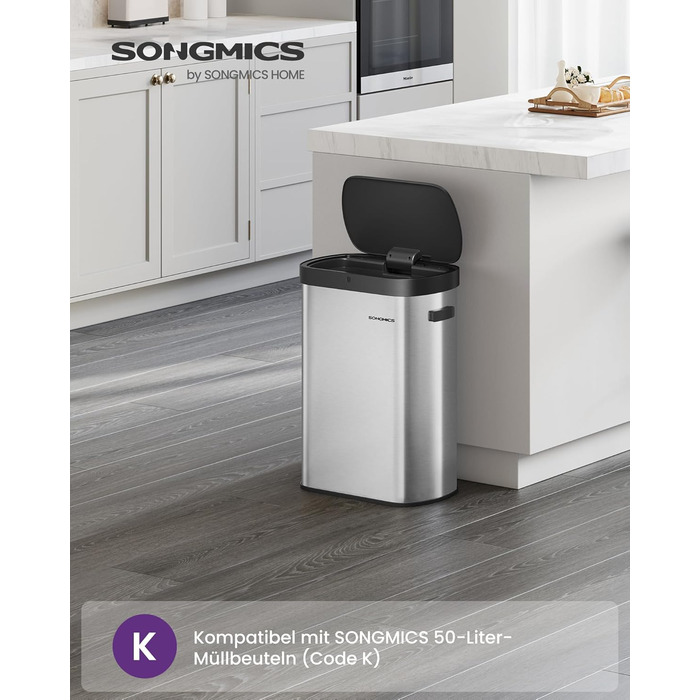 SONGMICS Відро для сміття з сенсором, автоматичне, 50 л, відкриття рухом руки або дотиком, Softclose-кришка, сталь, з 15 мішками для сміття, LTB640B02 (металік срібло + чорний)