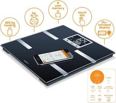 Діагностичні ваги Beurer BF 720 з Bluetooth, визначення ваги, жиру, м'язів, калорій, чорні, LCD-дисплей, тонкий дизайн
