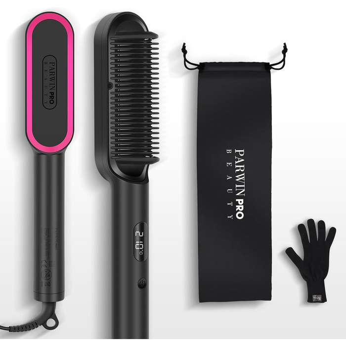 Іонна щітка-випрямляч для волосся PARWIN PRO BEAUTY, з LED-дисплеєм, захистом від опіків, швидким нагріванням за 20 секунд, 4 температурні режими, чорна