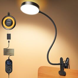 Світильник для читання в ліжку Glocusent: LED лампа на затискачі, 3 кольори світла, 5 рівнів яскравості, нічник з бурштиновим світлом, таймер 30/60 хв, захист очей (чорний, з адаптером)
