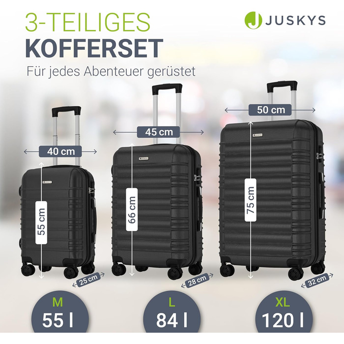 Набір валіз Juskys Hartschale 3 шт. з кодовим замком, тихі колеса 360°, телескопічна ручка, легкі - чорний колір