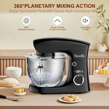 Кухонна машина Facelle 1500W з місткістю 5,5/4,5л: міксер, тістоміс, набір насадок, тиха робота (чорний)