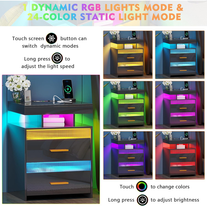 Нічний столик Lvifur з LED-підсвічуванням, сенсором руху та USB/Type-C зарядкою, 2 шухляди, бездротова зарядка, 3 кольори, регулювання яскравості, чорний