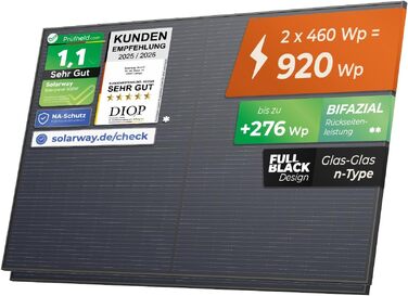Двостороння сонячна панель Solarway 460W Full Black n-type Glas-Glas, біфаціальна фотоелектрична панель для балконних електростанцій (комплект 2 шт)