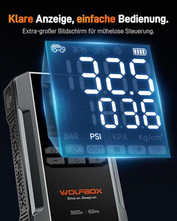 WOLFBOX 4000A: Пускозарядний пристрій з компресором 160PSI, 12V, 65W, 88.8Wh для бензин/дизель, LED-ліхтар, кабелі
