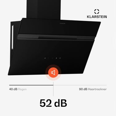 Витяжка кухонна Klarstein Alina, настінна 90 см, продуктивність 615 м³/год, клас енергоефективності A, LED-підсвітка 9 кольорів, сенсорне керування, режим рециркуляції, чорна