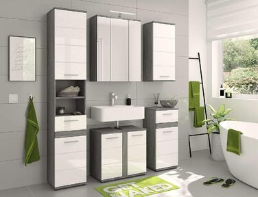 Комод для ванної Newroom, білий глянцевий, сріблясто-сірий, сучасний, 35x79x31 см, шафа-пенал, меблі для ванної, Pelia.one V1