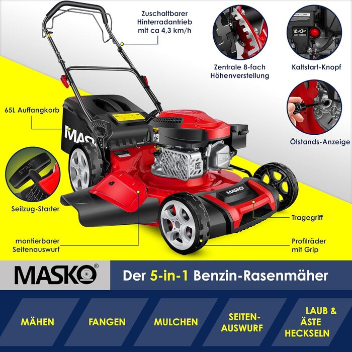 Бензинова газонокосилка MASKO® 5в1 | Ширина косіння 51 см | 8 положень висоти стрижки | 4-тактний OHV двигун 6.0 PS | Об'єм кошика 65 літрів | З набором для мульчування, бічний викид | Червоний / Чорний